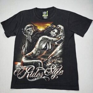 Rock Eagle Rider Style Glow in the Dark Biker Skeleton Tattoo Graphic Tee Black